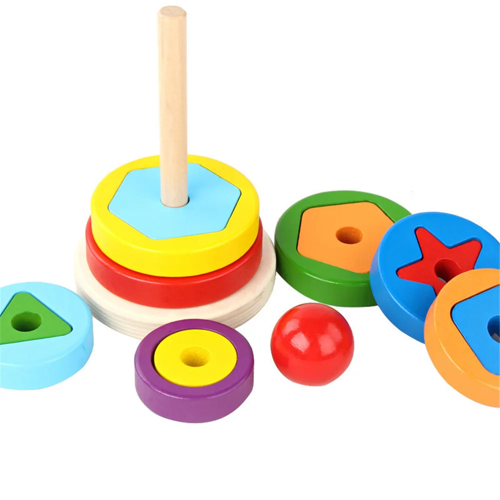 Torre de madera Han&oacute;i para ni&ntilde;os, juguete de apilamiento de arco&iacute;ris, bloques a juego para Aprendizaje de beb&eacute;, educaci&oacute;n, Color de juguete cognitivo-3