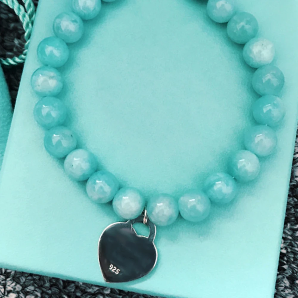 

Sterling Silver 8mm Amazonite Round Bead Heart Bracelet TIF Bracelet Women Gift Luxury Jewelry Popular Brand Original Hot
