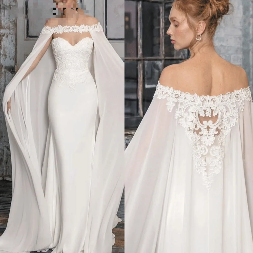 Elegant Boho Off The Shoulder Wedding Dresses 2021 Cape Appliques Lace Bridal Dress Sweep Train Gowns Vestido de Noiva | Свадьбы и