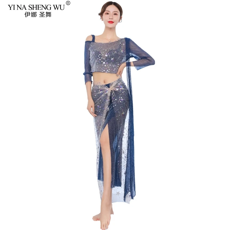 Костюм для танца живота сетчатый топ с блестками и бисером + юбка шарф на бедрах