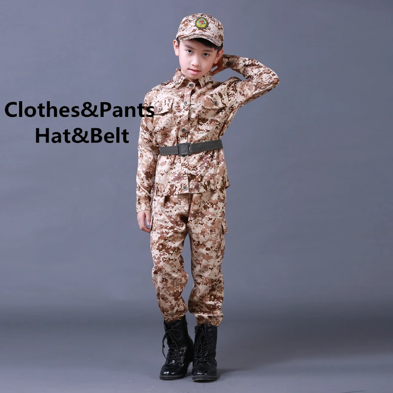 Khaki set Hat Belt Детская армейская военная форма, одежда для солдат, детская спортивная камуфляжная длинная куртка+ штаны+ шапка+ ремень, комплект армейской одежды - Цвет: Khaki set Hat Belt