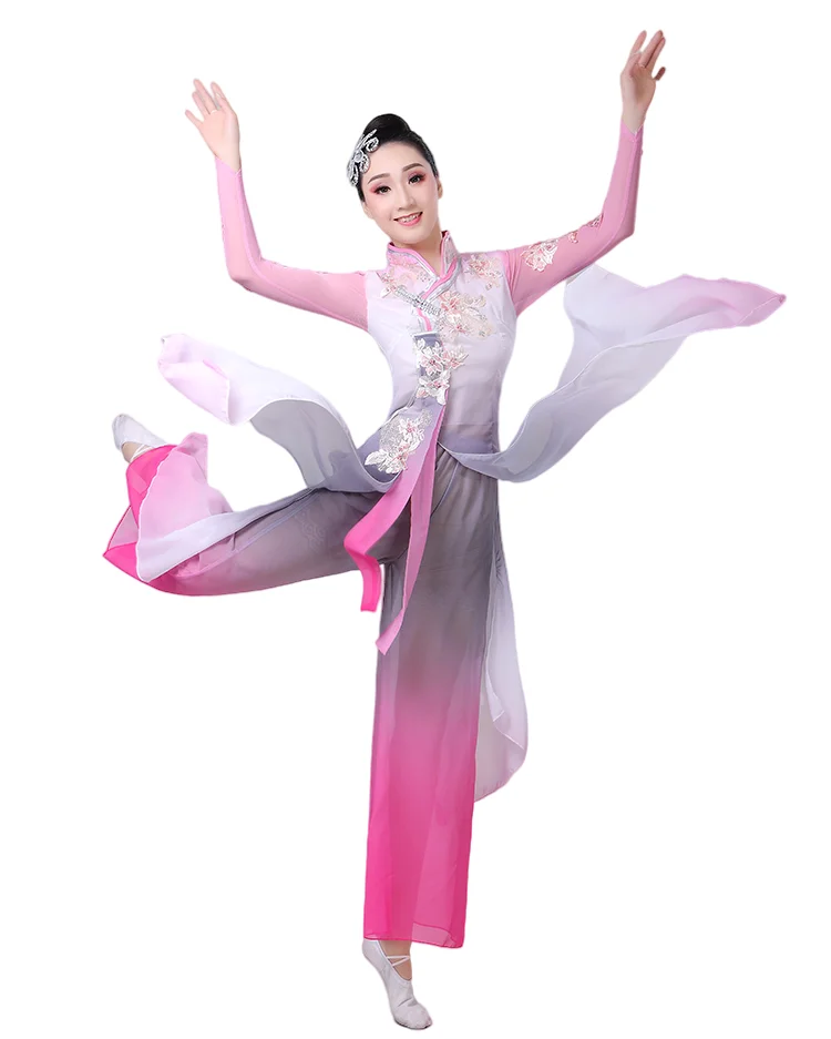 

Chinese Style Hanfu Classical Dance Practice Clothes Female Dance Gauze Elegant Chinese Folk Dance Costume for Woman Grey Pink