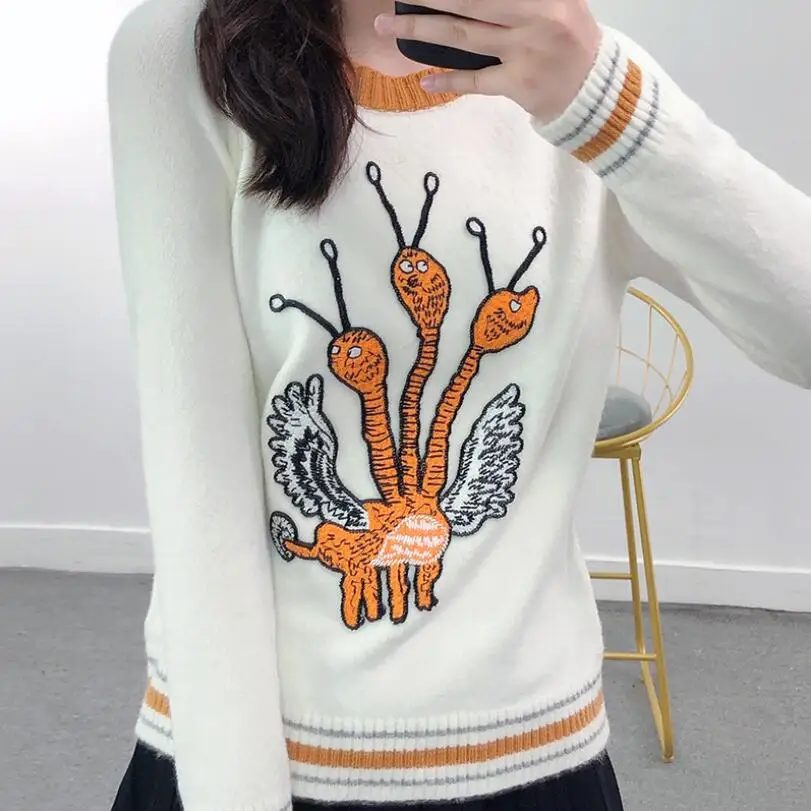 

2021 Autumn Winter O Collar Long Sleeve Sweater Women Fashion Cartoon Embroidery Knitted Pullover Female Warm Tops w710