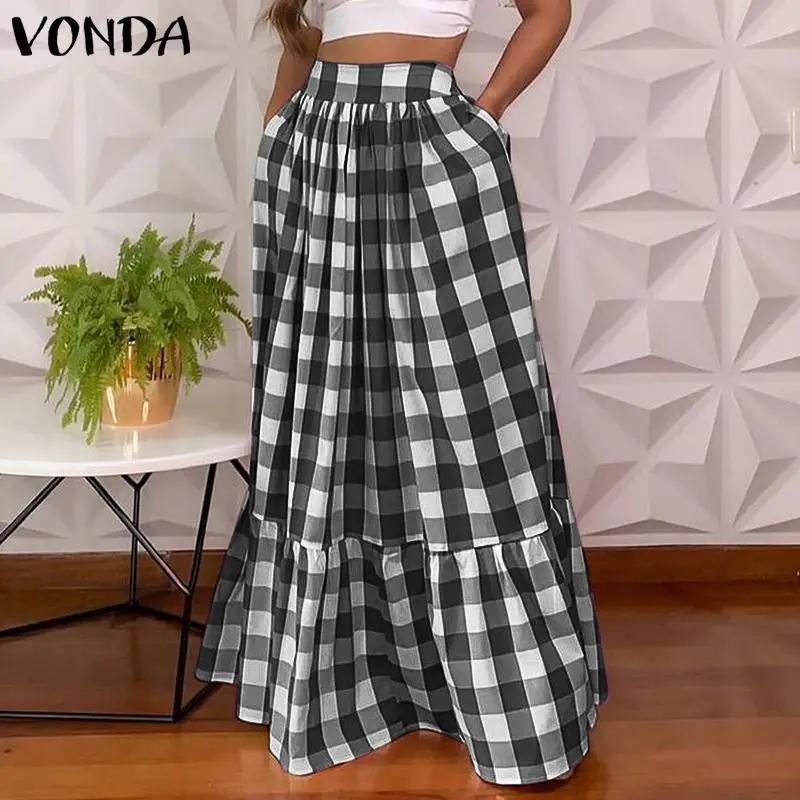 

Women Vintage Checked Plaid Ruffled Hem Long Maxi Skirts VONDA 2022 Summer Elastic Waist Pleated Baggy Skirts With Pockets S-