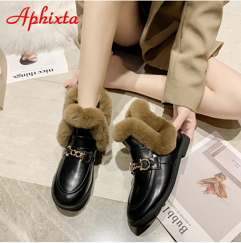 Aphixta; Новинка года; женские ботинки с пряжкой; женская кожаная обувь на меху; теплая плюшевая зимняя новая женская обувь; модные зимние ботинки