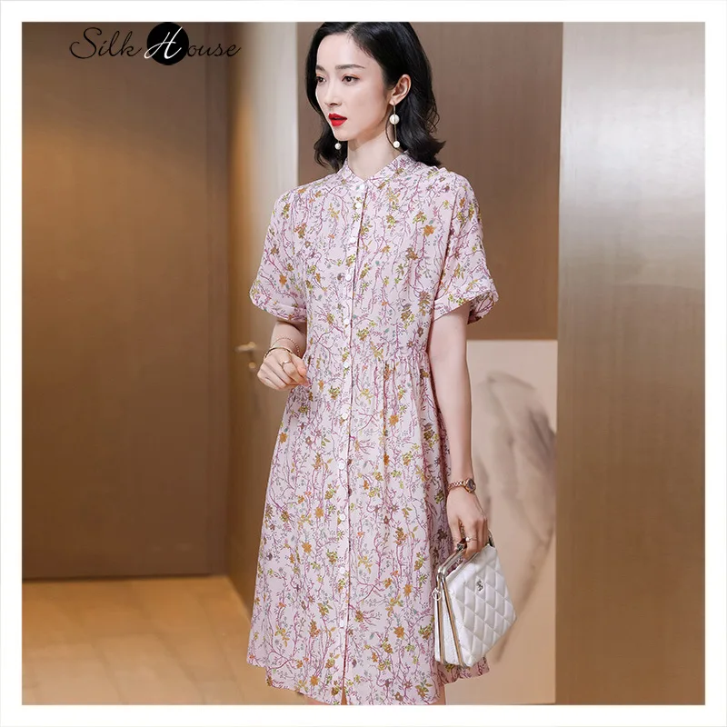 

Hangzhou Crepe De Chine Silk Dress Mid Summer Long 2021 New Loose Thin Mulberry Silk Single Breasted Women's Dress
