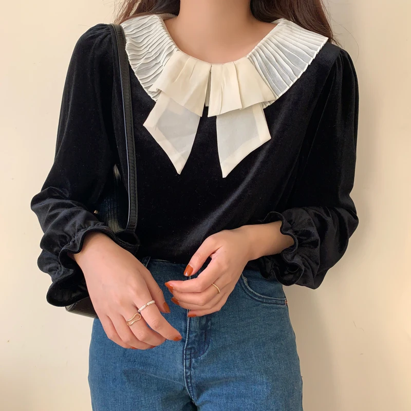 

Женская бархатная блузка с длинным рукавом, в стиле ретро