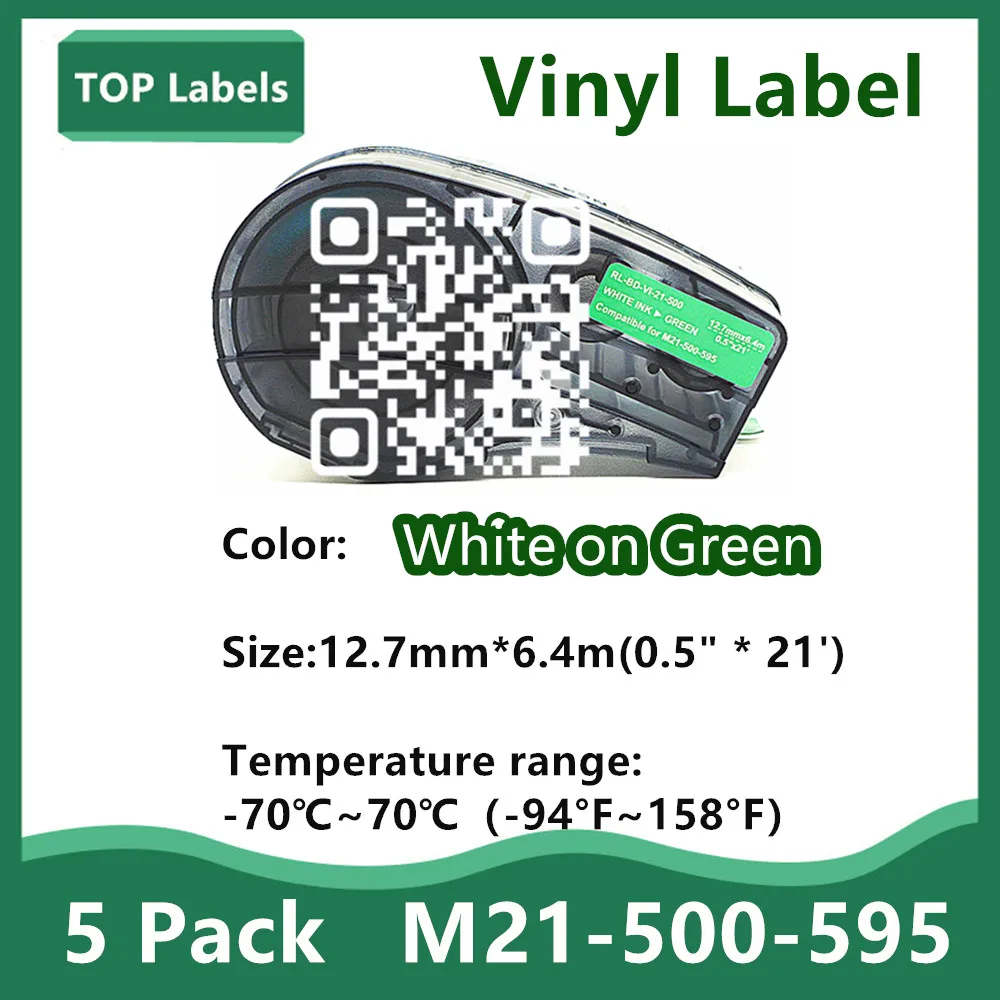 

5Pack Compatible Label Tape M21-500-595 Ribbon Vinyl Labels White on Green BMP21-PLUS,BMP21 LAB,IDPAL LABPAL Printer 0.5" *21'