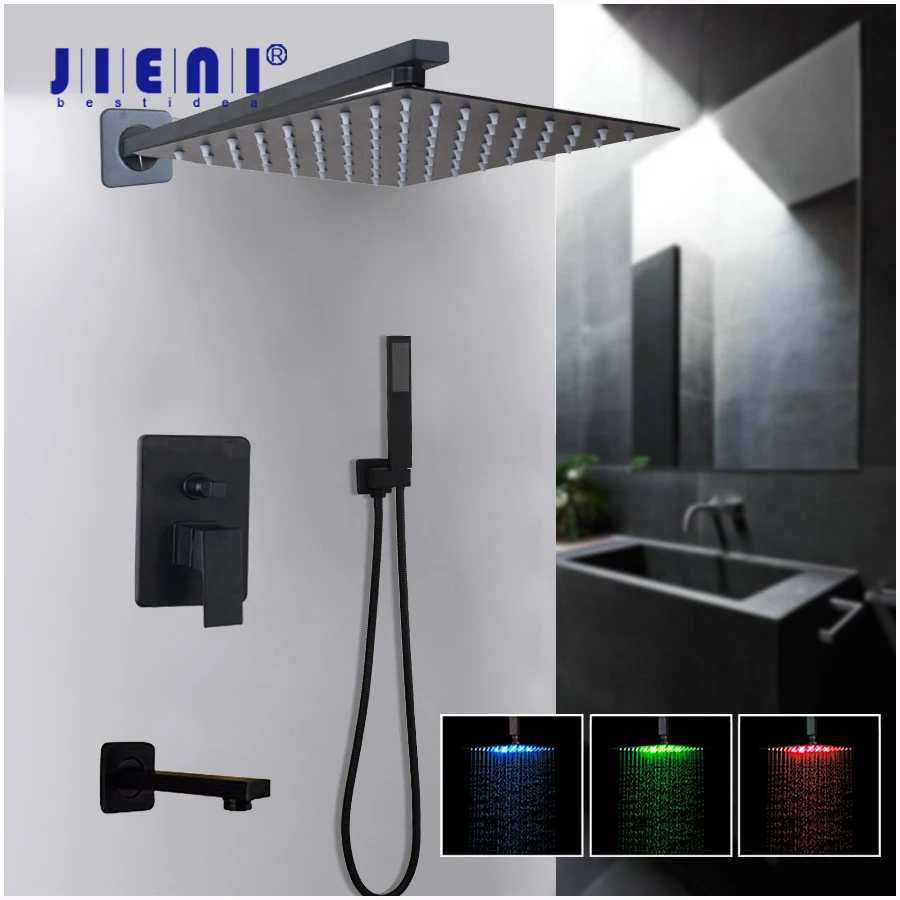 JIENI Black 8/16 Inch Shower Rainfall Bathroom Shower Faucet Bathtub Rain Square LED Wall Mounted Shower Head Shower Faucet Set