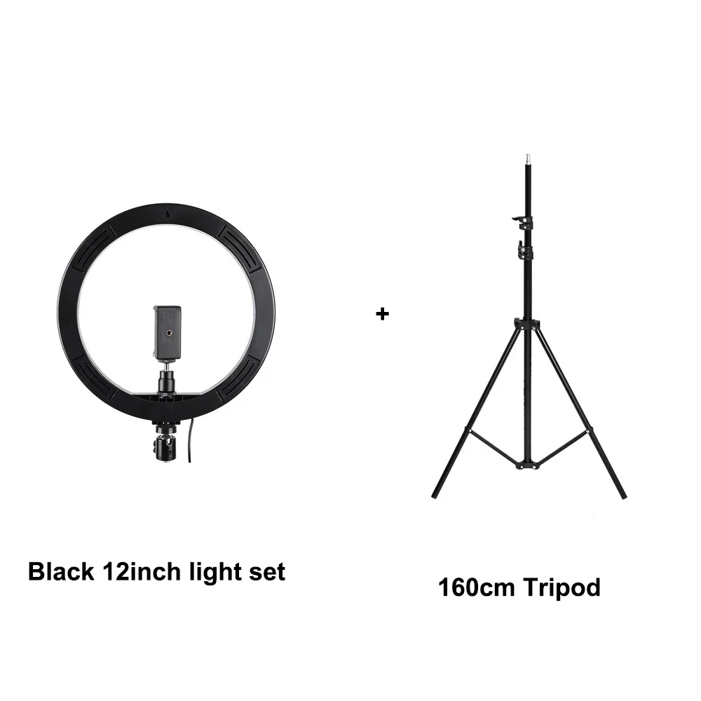 Black 160cm tripod 12 дюймов 30 см Диммируемый светодиодный кольцевой светильник для селфи 3200-5500k 12 Вт для Youtube Видео Фото Студийный светильник с 1,6 м штативом - Цвет: Black 160cm tripod