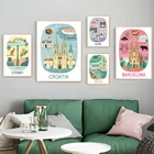 Мультяшная дорожная Картина на холсте, винтажные крафт плакаты с покрытием, настенные наклейки, Декор, семейный подарок, Сидней, рома, Гаваи, Барселона, Хорватия