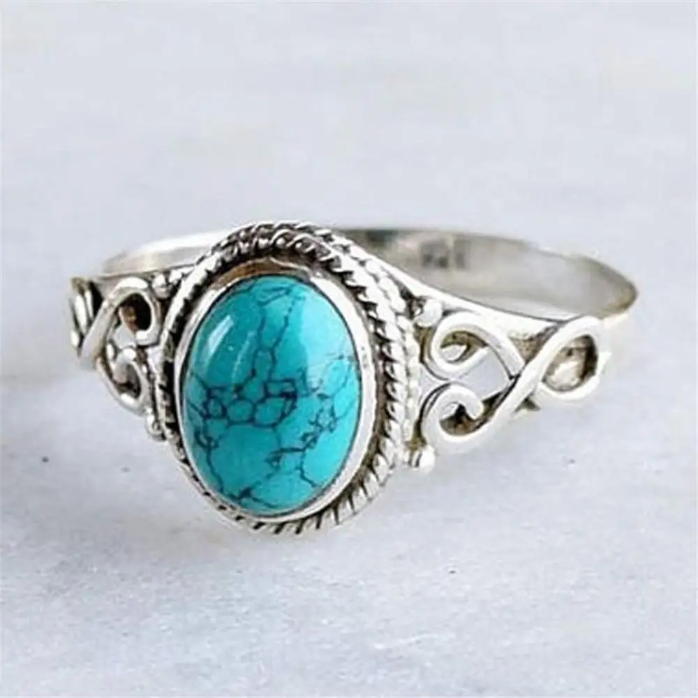 

Vintage Women/Men Antique Silver Color Ring Bohemia Oval Blue Crystal Wedding Engagement Fashion Charm Jewelry Gift Size 6-10