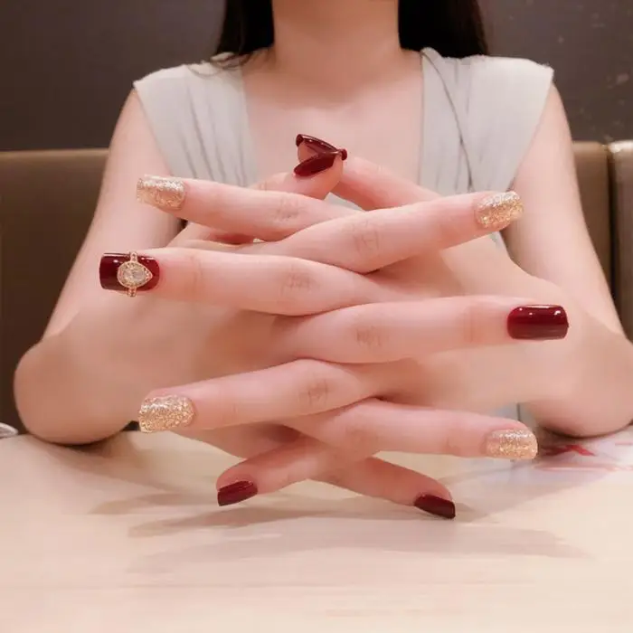 24pcGirls мода Красного золотистого цвета глиттер накладные ногти дамы элегантный полное покрытие горный хрусталь Декор накладные ногти с клеем