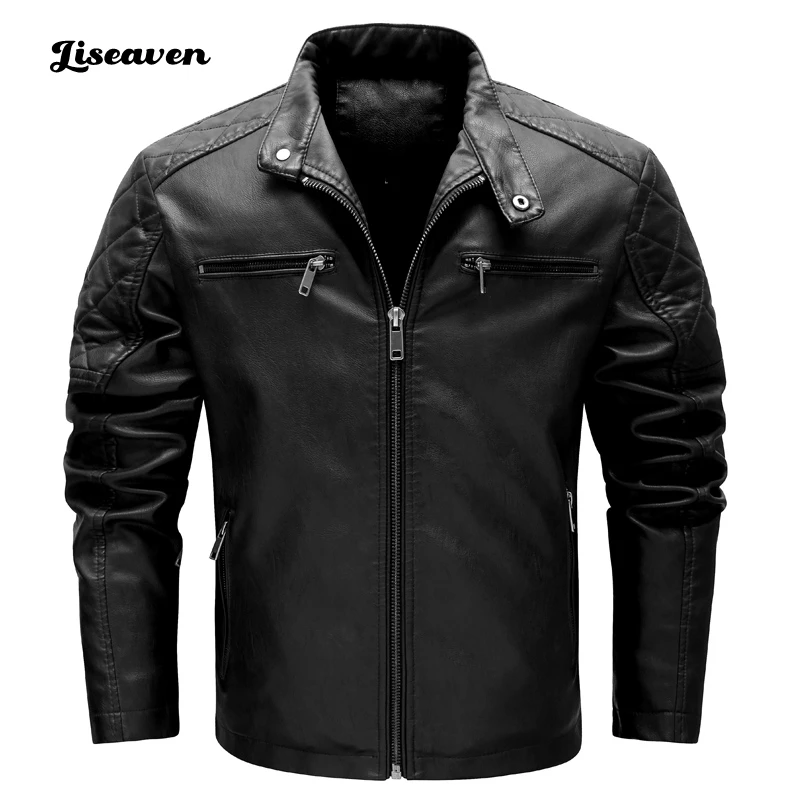 Liseaven Men Winter New Leather Jackets Coat Motorcylce Casual Fleece Thicken Motorcycle PU Jacket Biker Warm Leather Men Brand