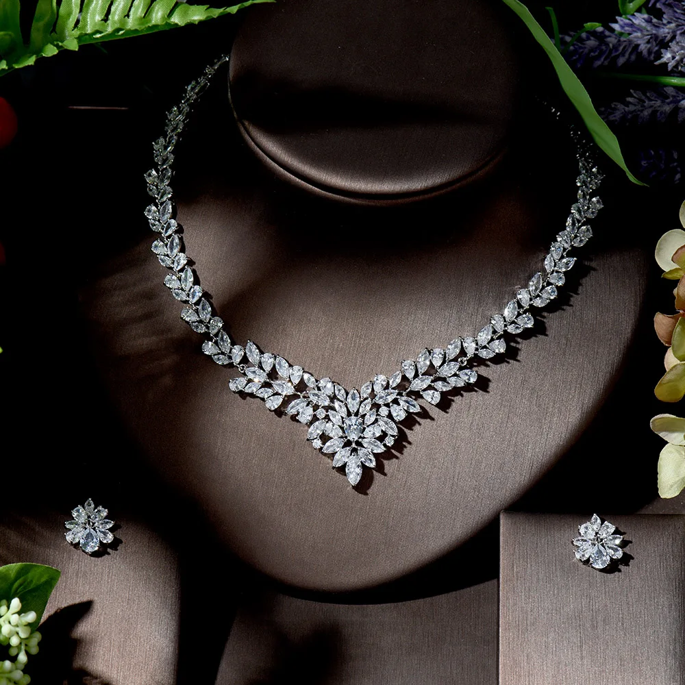 HIBRIDE Classic Leaf Drop Cubic Zircon Women Dinner Party Costume Jewelry Sets Elegant Bridal Wedding Necklace Earrings N-1364 | Украшения