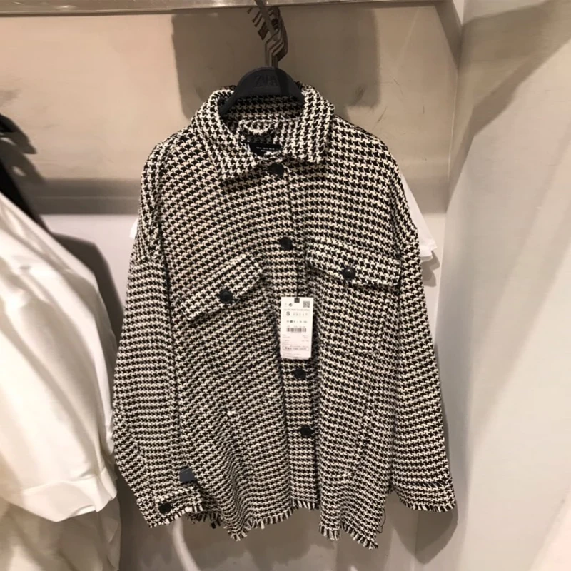 Женская твидовая рубашка на пуговицах винтажная клетчатая блузка с длинным