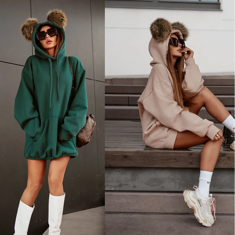 

BKLD Female Fashion Casual Mickey Mouse Ears Hoodies Full Sleeve Oversize Loose Fleece Warm Pockets Fall Winter Sweatshirt 2022