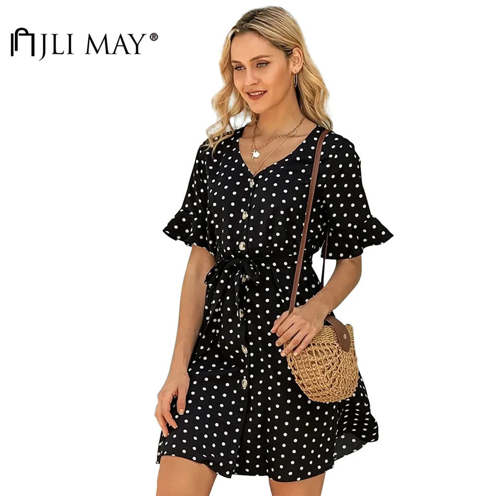 

JLI MAY Women Polka Dot Dresses V-Neck Petal Sleeve Patchwork Single breasted Empire A-Line Summer Slim Sweet Mini Dress