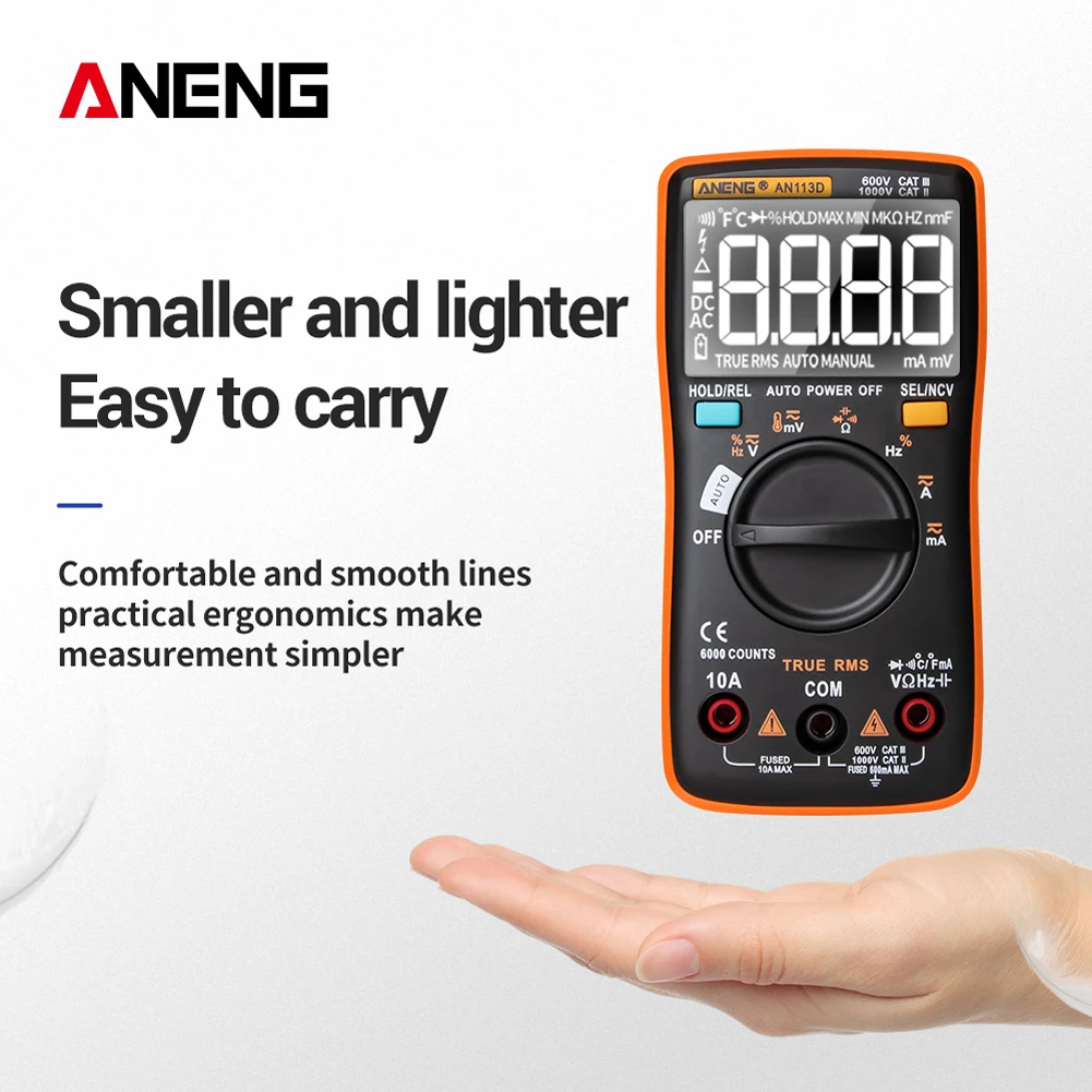 AN113D Digital Multimeter 6000 Counts Electrical Transistor Tester Temperature Auto Ranging AC/DC Voltage Meter for Electrician