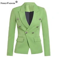 harleyfashion quality high street style candy color fruit green blazer double breasted buttons skinny blazers for ladies