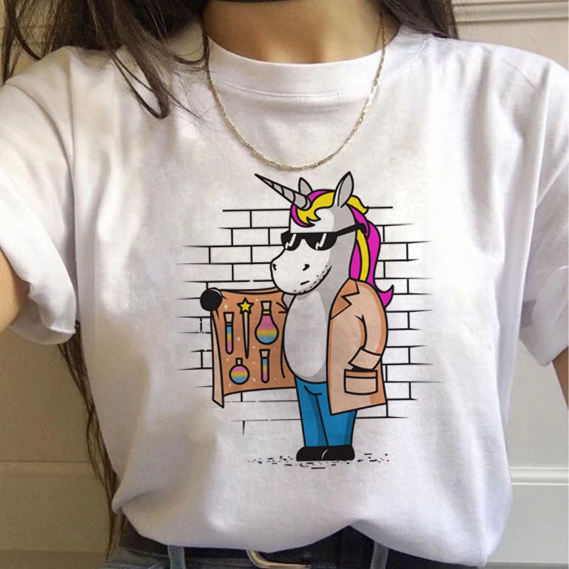 Единорог Kawaii Harajuku футболки женские милые Unicornio Ullzang мультфильм футболка 90s Забавный принт футболки с графическим изображением женские - Цвет: 7560