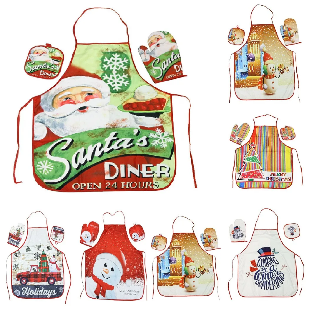 

3Pcs Merry Christmas Apron Oven Glove Mat Kit Santa Claus Decorations For Kitchen Christmas Ornament Natal Navidad New Year 2022