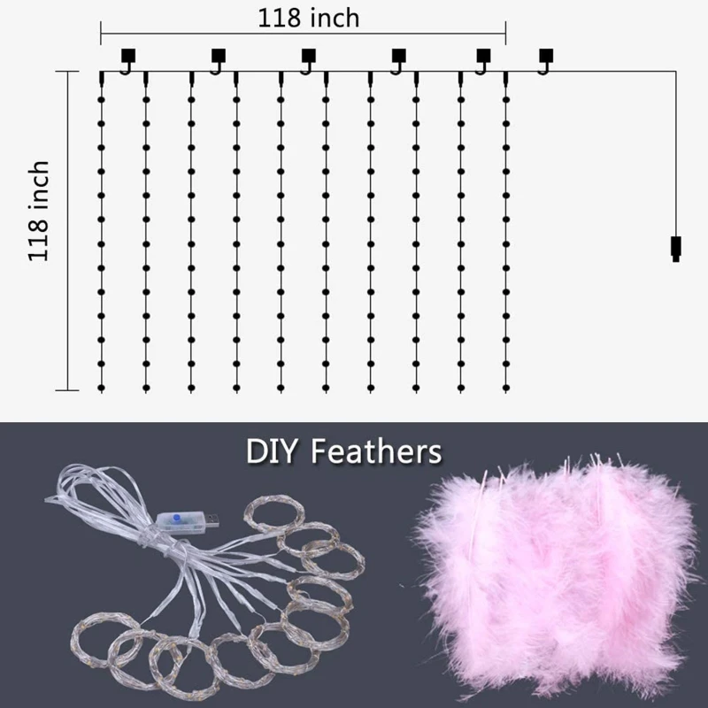 

13MA LED Pink Feathers Fairy String Light Remote Control Romantic Wall Curtain Decoration for Wedding Birthday Party Bedroom