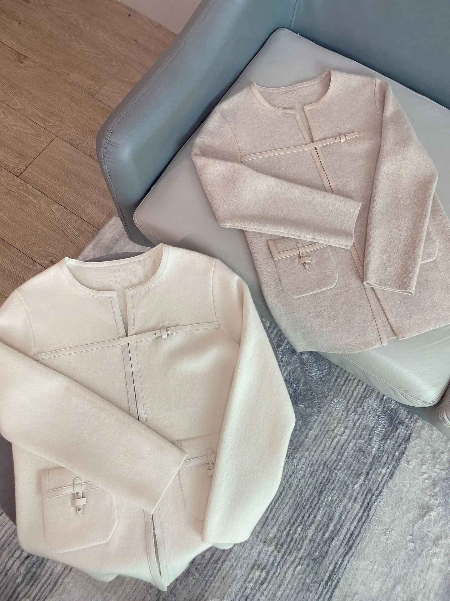 

Новинка 2021, женское модное высококачественное кожаное кашемировое пальто с длинным рукавом и круглым вырезом, 1106