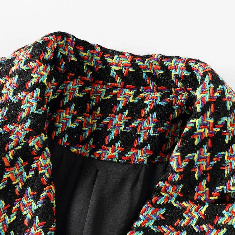 

Hot Sale New Brand Women Color Line Weaving Plaid Tweed Blazer Coat Ladies Double Breasted Slim Fit Plus Size XXL Female Blazer