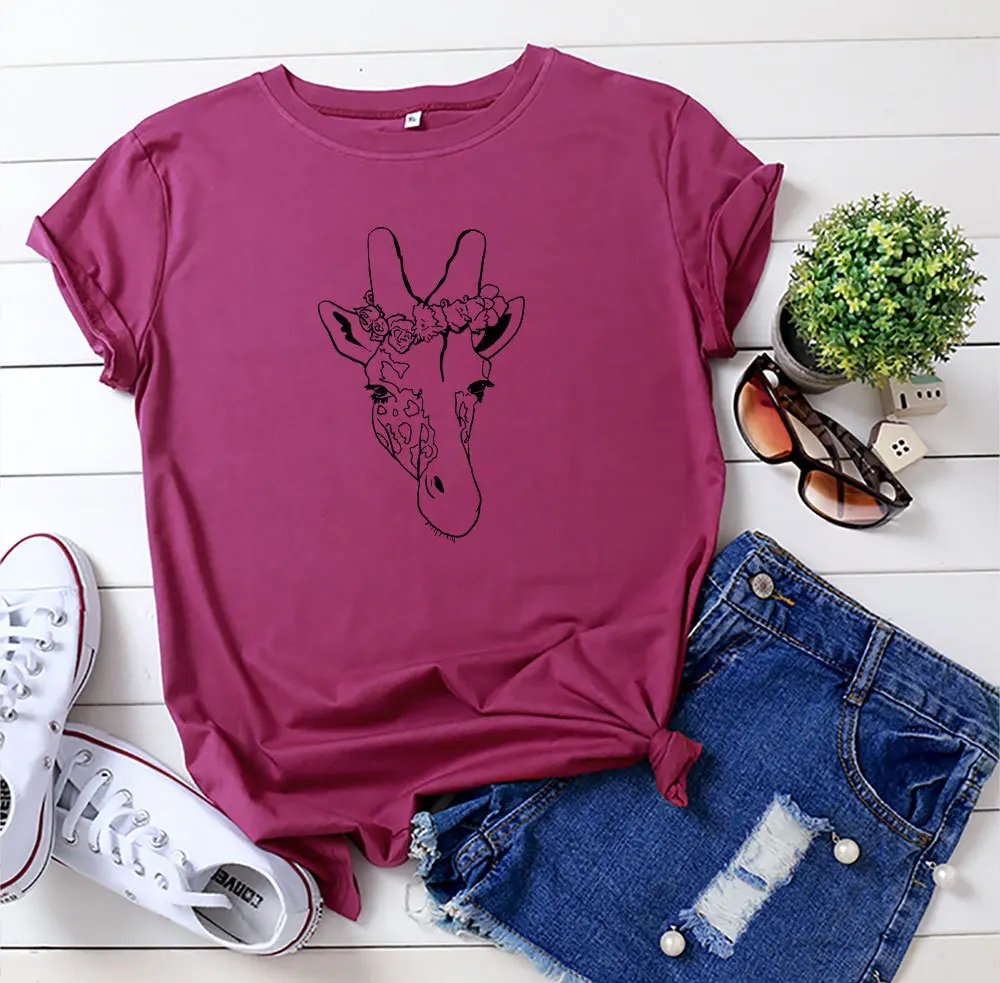 

Women Cartoon Cut Giraffe T-shirt Summer Cotton Large Size Basic Tees Funny Animal Print Streetwear TShirt Harajuku Tops Ladies