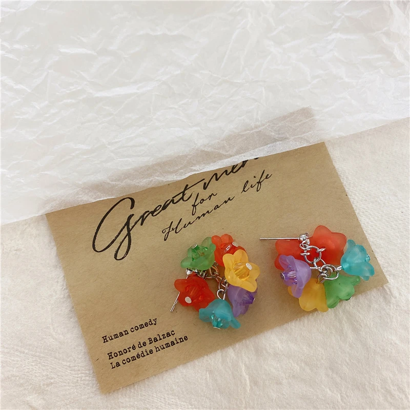 

2020 Vintage Colorful Crystal Beaded Flower Long Earrings Grape Cluster Flower Bohemia aesthetic Earrings for Women Girl Ethnic