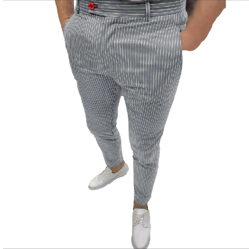 

Men Striped Pencil Pants Slim Fitness Autumn Spring Pockets Zip Buttons Skinny Office Casual Stretch Slim Fit Trousers Bottoms