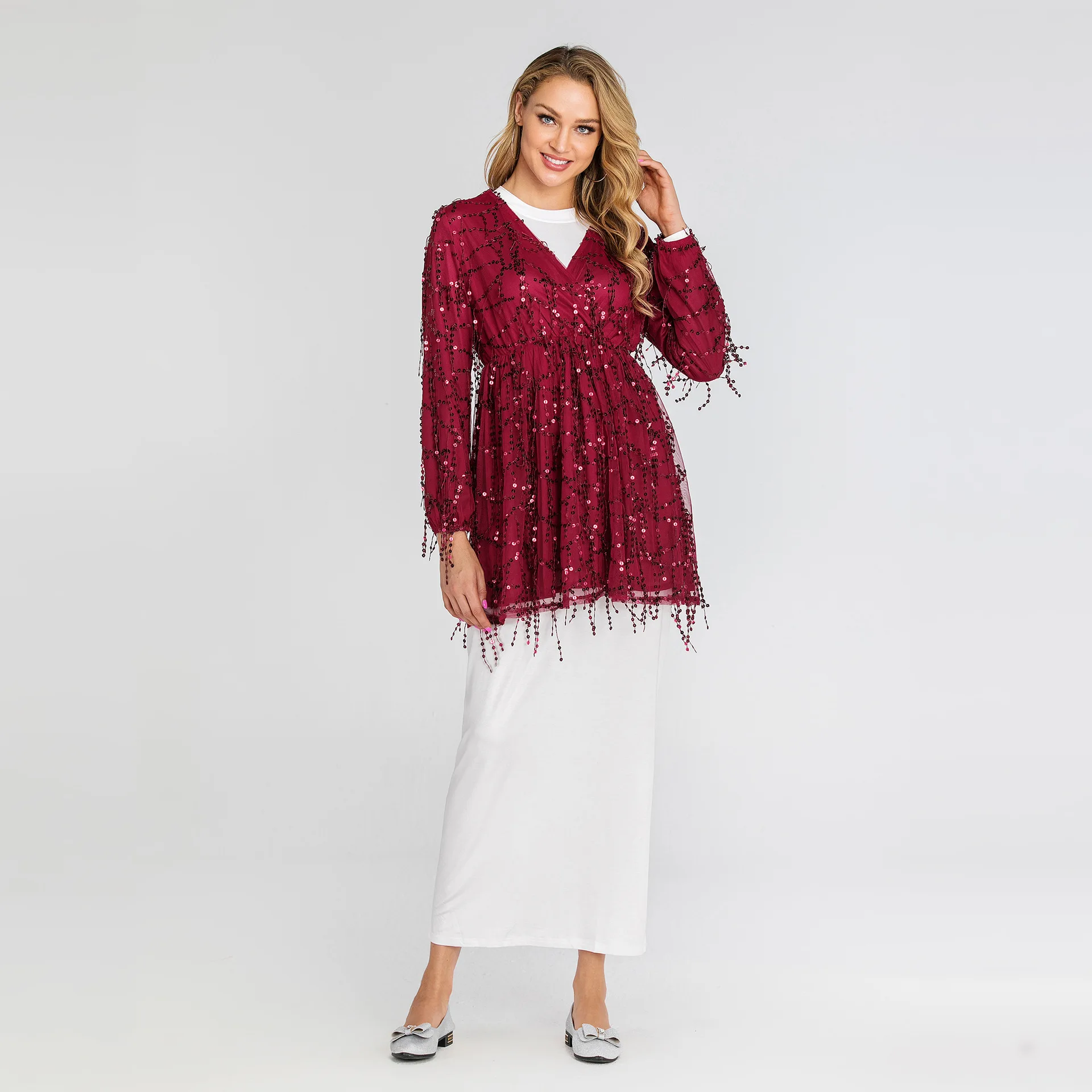 

Высокая-конец блесток блузка с бахромой S до 3XL размера плюс рубашки женские топы с длинным рукавом v-образным вырезом Длинные повседневные Blusas Mujer TA2243