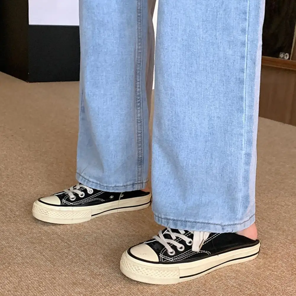 

Women's high waist pockets buttons casual loose belts cross-cross hem foldable jeans long jeans wide-leg pants