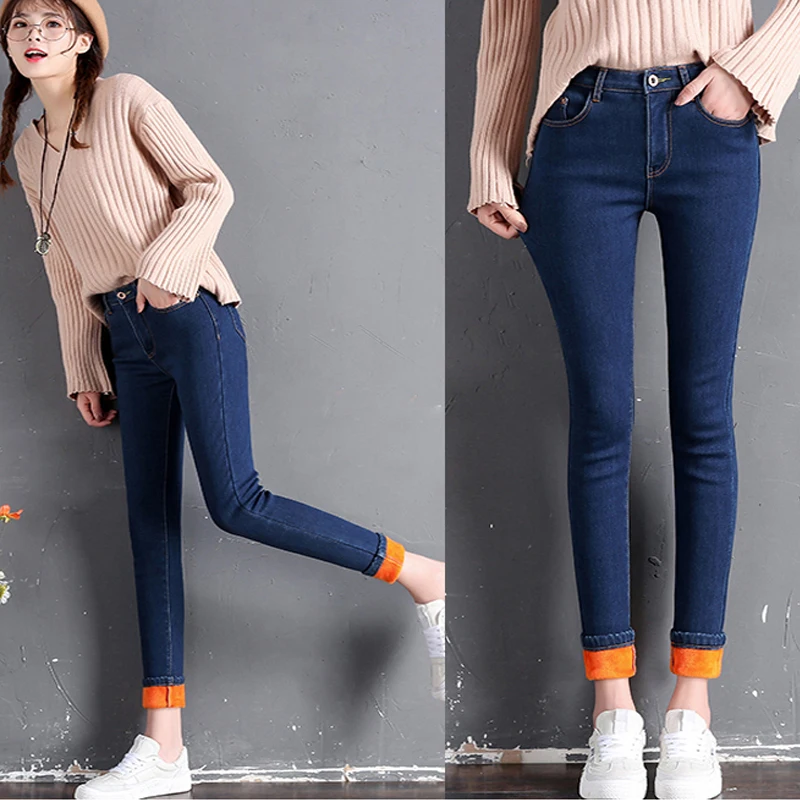 Зимние джинсы женские бархатные джинсовые брюки 2019 Высокая талия длиной до