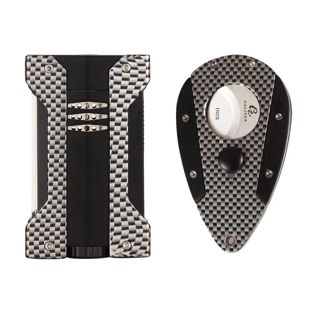 GALINER Зажигалка для сигар зажигалка бутан 1 зажигалки для COHIBA Cigar& Sharp Cutter углеродное волокно Cigar Cutter зажигалка аксессуары - Цвет: Темно-серый