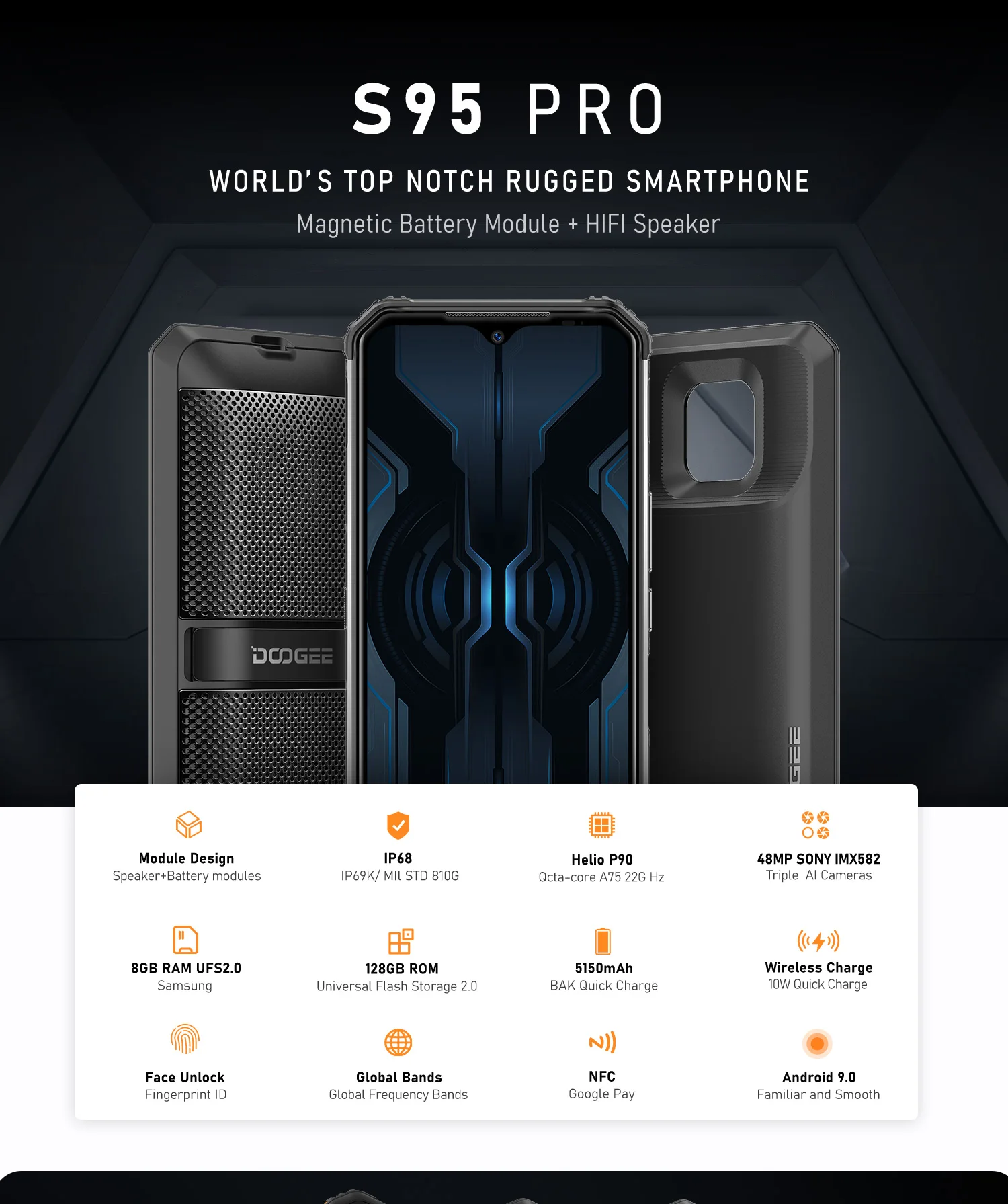 IP68 DOOGEE S95 Pro Helio P90 Восьмиядерный 8 Гб 128 ГБ 48мп камера Android 9,0 модульный прочный мобильный телефон 6,3 дюймов FHD дисплей 5150 мАч