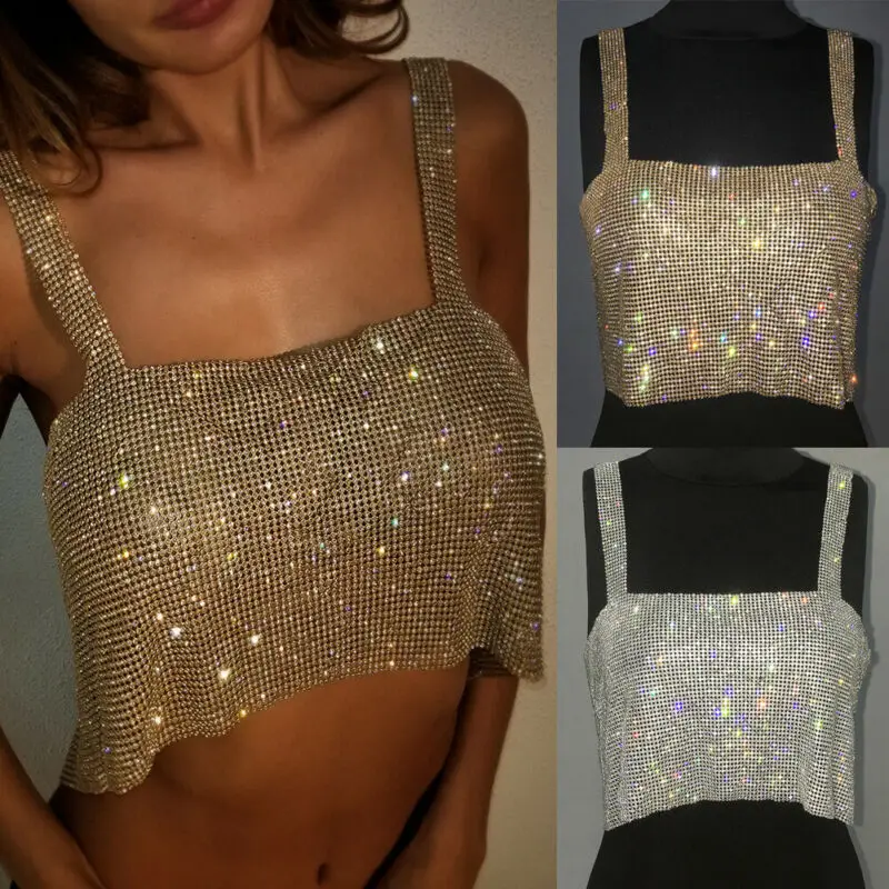 

Adjustable Tees Club Women Party Tank Tops Metal Mesh Strap Sheath Draped Spark Diamonds Neck Halter Backless Sexy Pullover 2019