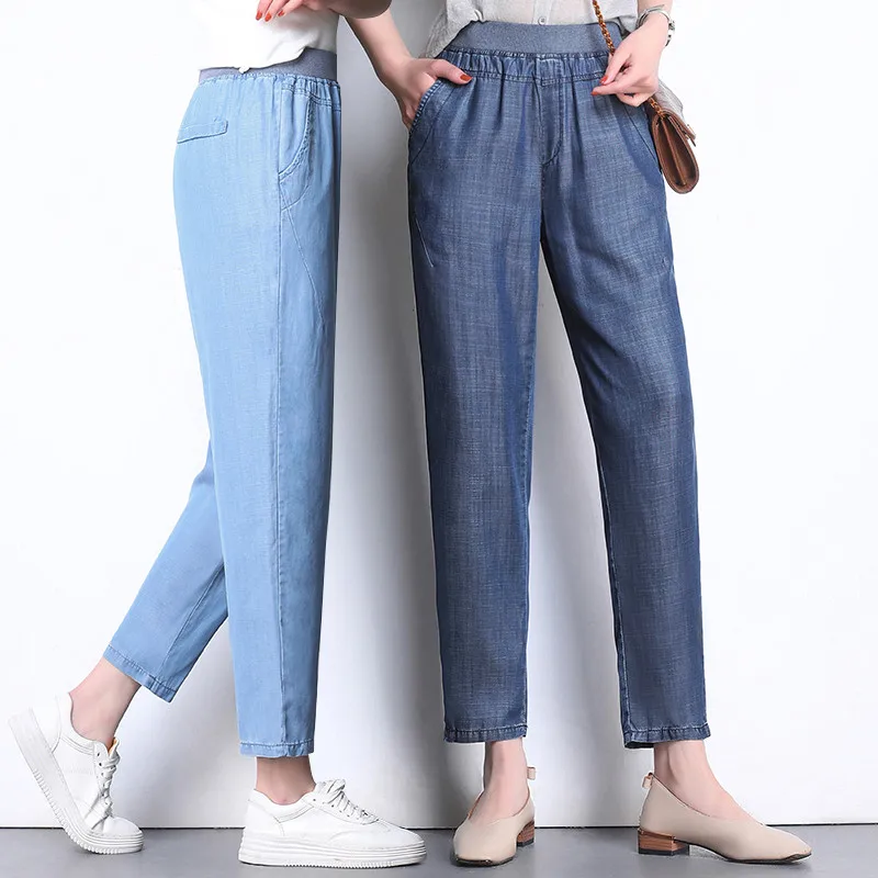 

Plus Size Fashion Summer Women Elastic High Waist Jeans new Loose Solid Thin Nine Points Jeans Middle-aged Casual Denim Pants