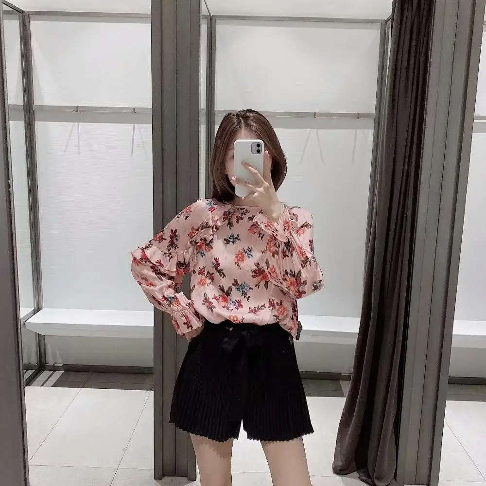 Женская рубашка ZA розовая с цветочным принтом длинным рукавом и о вырезом| |