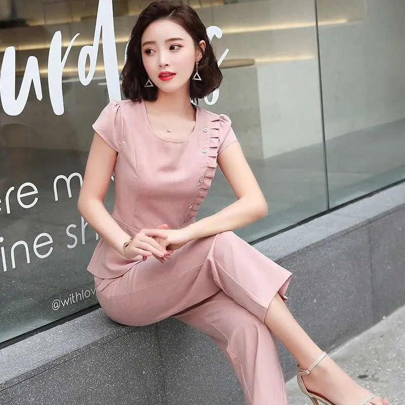 

2021 New Summer Two Piece Sets Casual Women O-Neck Crop Top + High Waisted Wide Leg Pants Suits Summer Cotton Linen Set Y811