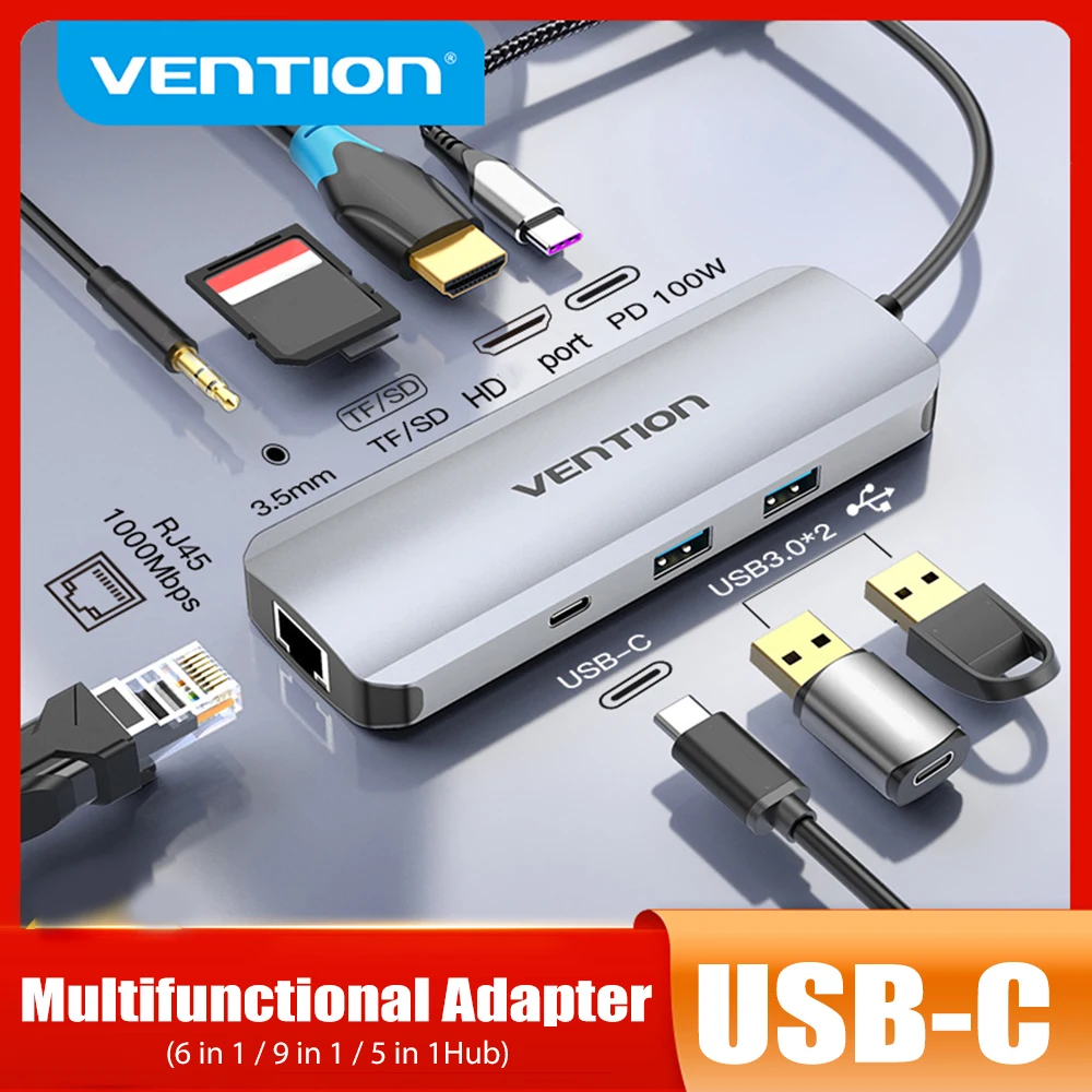 

New VENTION USB 3.0 Hub 4K VGA PD 100W RJ45 3.5mm Type C to HDMI-Compatible Dock Station 5/6/9 in 1 USB C 3.1 Splitter Hub