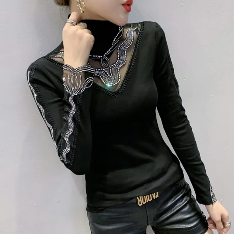 

Spring Fall Korean Style T-Shirt Chic Sexy Transparent Diamonds Women Cotton Tops Ropa Mujer Long Sleeve Bottoming Tees T00403A