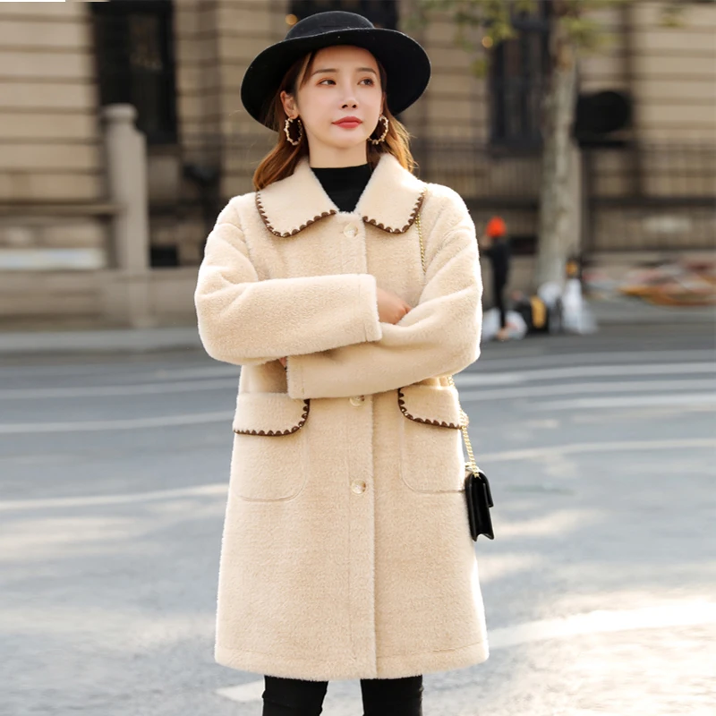 

Solid Color Wool Jacket Women Winter Mid-Length Single Breasted Mink Turn-Down Collar Loose and Elegant Temperament Ladies Coat