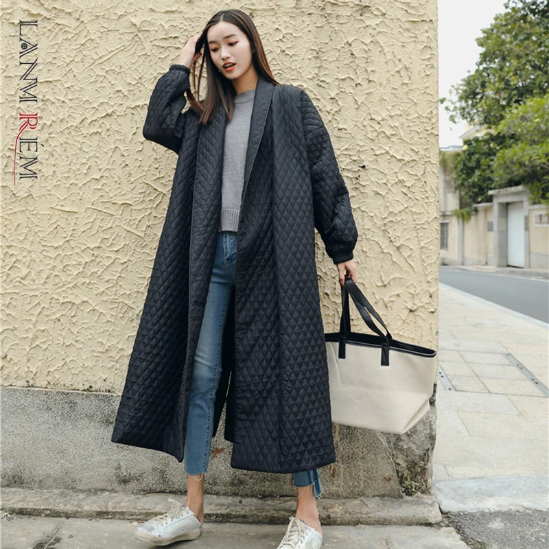 

LANMREM New Street Thin Style Black Oversize Lapel Back Vent Button 2021 Female's Long Cotton Coat Jaqueta Feminina WTH1201