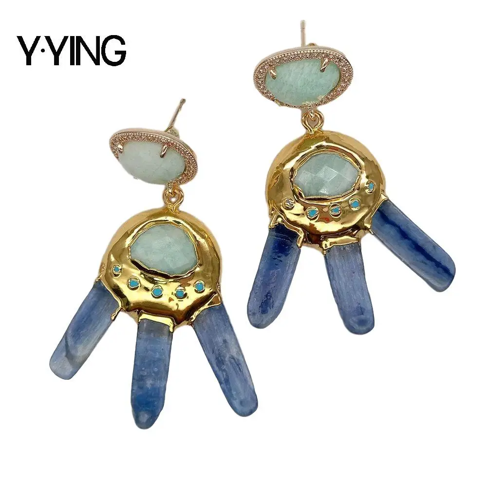 

Y·YING Natural Blue Kyanite stick Amazonite gold color plated Stud Earrings vintage for women