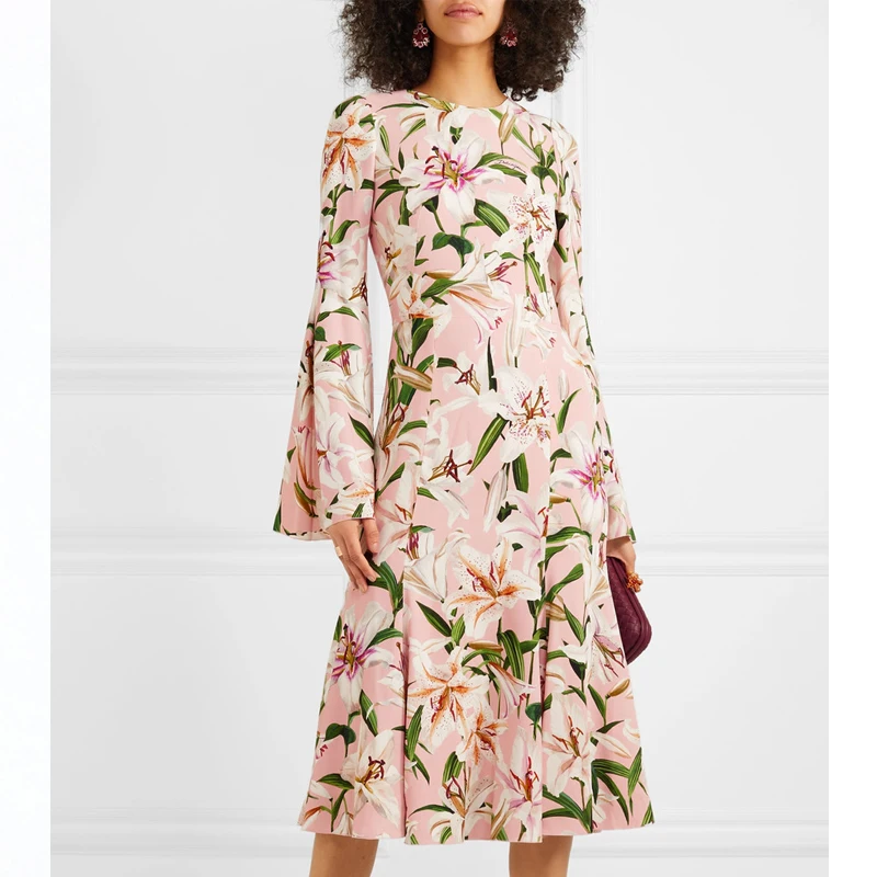 

2019 Autumn New Customize Made Women Casual Plus Size 3XS-10XL Long Flare Sleeves Slim Fit Floral Print Mermaid Dress