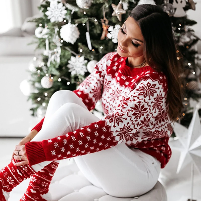 

Autumn And Winter New European and American Sweater Women's Christmas Snowflake Long-sleeved Base Knitted Pullovers Sweater