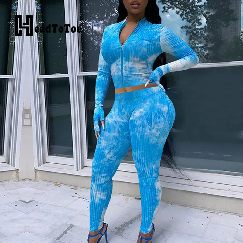 

Pencil Skinny Fashion Sexy Tie Dye Two Pieces Set Women Full Sleeve Stand Collar 2 Piece Set Women