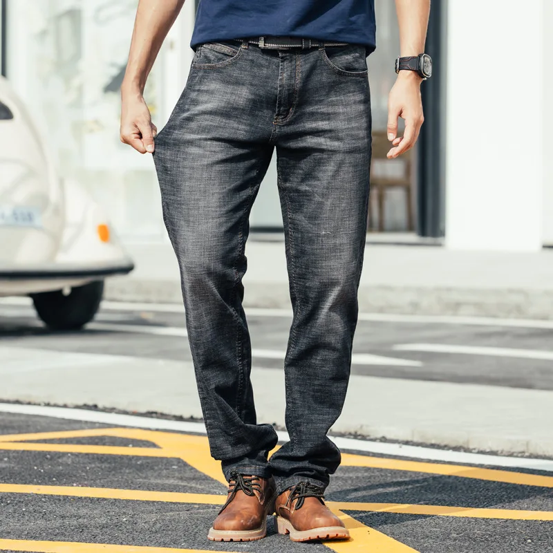 Retro Men Fashion Jeans Straight Loose Baggy Harem Elastic Denim Pants Hip Hop Casual Cotton Breathable Wide Leg Black Trousers